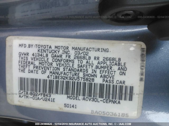 4T1BE32K92U575828 - 2002 TOYOTA CAMRY LE/XLE/SE BLUE photo 9