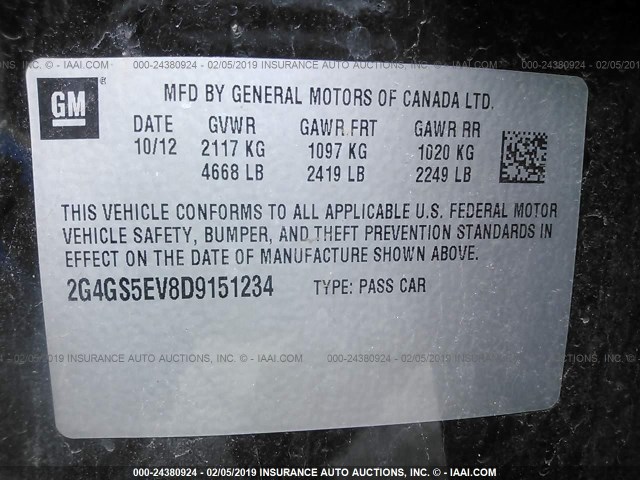 2G4GS5EV8D9151234 - 2013 BUICK REGAL PREMIUM BLACK photo 9