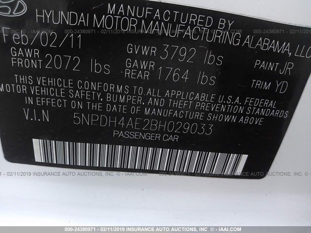 5NPDH4AE2BH029033 - 2011 HYUNDAI ELANTRA GLS/LIMITED WHITE photo 9