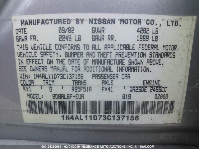 1N4AL11D73C137156 - 2003 NISSAN ALTIMA S/SL SILVER photo 9