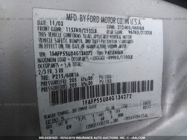 1FAFP55U84G134272 - 2004 FORD TAURUS SES SILVER photo 9