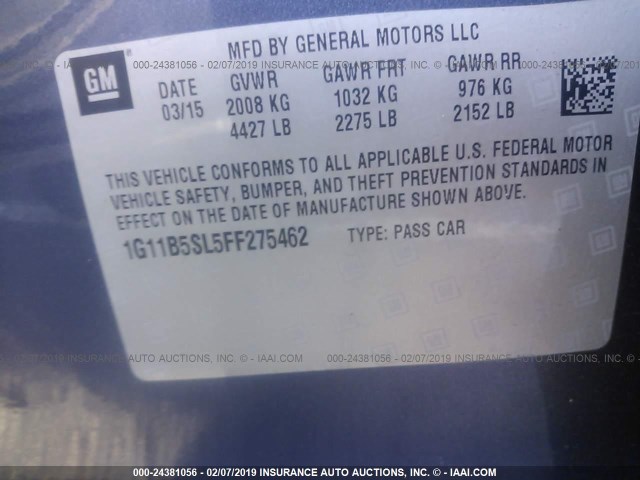 1G11B5SL5FF275462 - 2015 CHEVROLET MALIBU LS BLUE photo 9