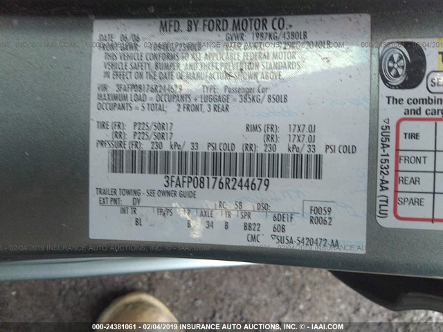 3FAFP08176R244679 - 2006 FORD FUSION SEL TEAL photo 9