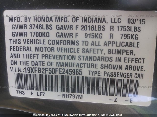 19XFB2F50FE245965 - 2015 HONDA CIVIC LX 灰色 照片 9