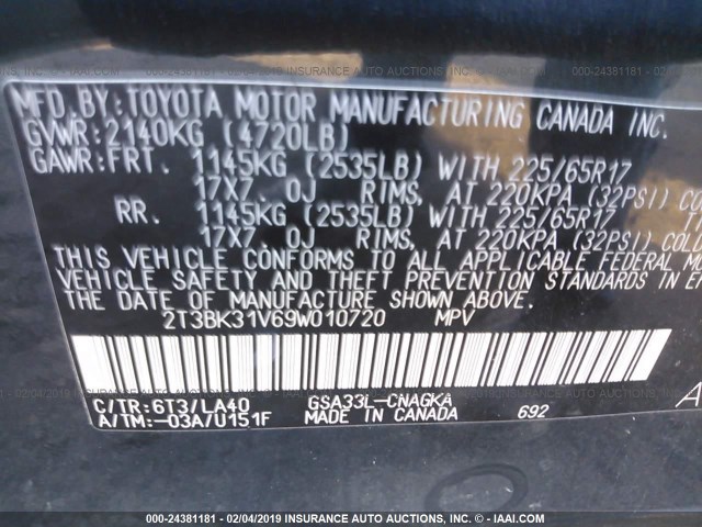 2T3BK31V69W010720 - 2009 TOYOTA RAV4 LIMITED GREEN photo 9