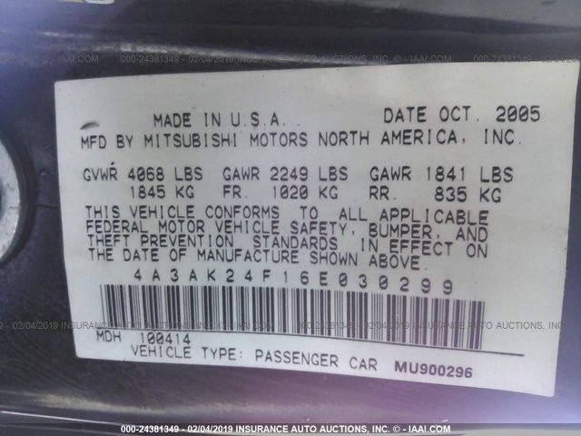 4A3AK24F16E030299 - 2006 MITSUBISHI ECLIPSE GS BLACK photo 9