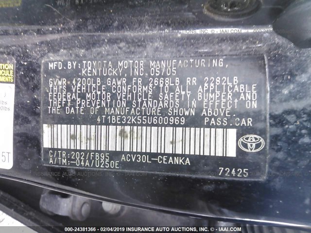 4T1BE32K55U600969 - 2005 TOYOTA CAMRY LE/XLE/SE BLACK photo 9