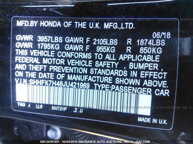 SHHFK7H48JU421969 - 2018 HONDA CIVIC SPORT Negro foto 9