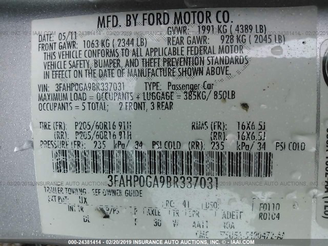 3FAHP0GA9BR337031 - 2011 FORD FUSION S SILVER photo 9