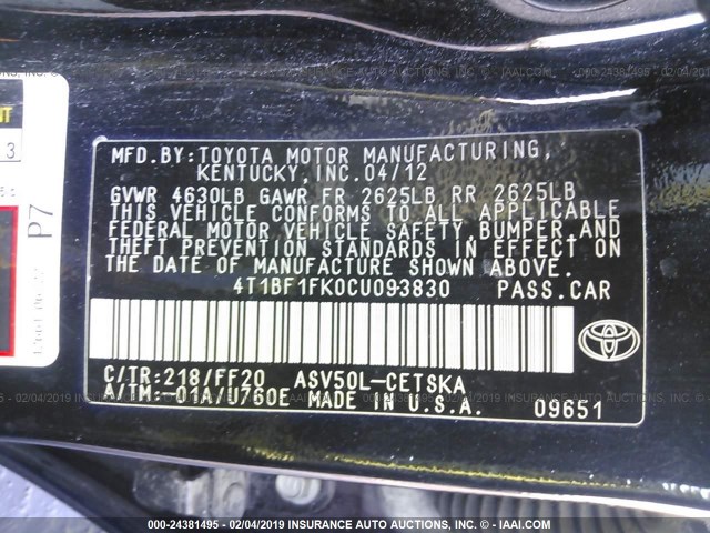 4T1BF1FK0CU093830 - 2012 TOYOTA CAMRY SE/LE/XLE 黑色 照片 9