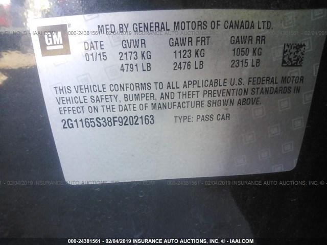 2G1165S38F9202163 - 2015 CHEVROLET IMPALA LTZ GRAY photo 9