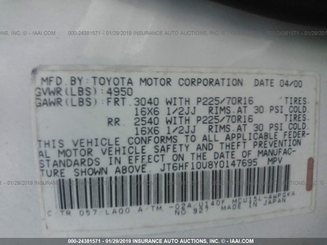 JT6HF10U8Y0147695 - 2000 LEXUS RX 300 WHITE photo 9