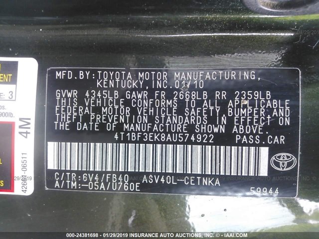 4T1BF3EK8AU574922 - 2010 TOYOTA CAMRY GREEN photo 9