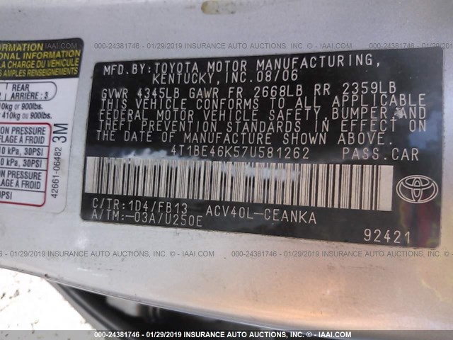 4T1BE46K57U581262 - 2007 TOYOTA CAMRY NEW GENERAT CE/LE/XLE/SE SILVER photo 9