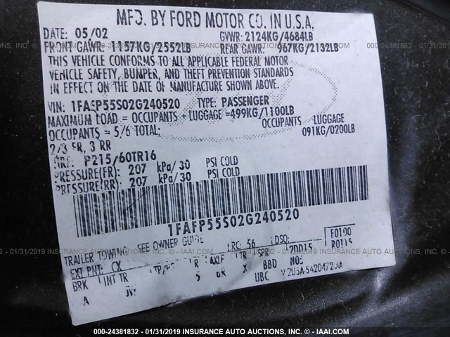 1FAFP55S02G240520 - 2002 FORD TAURUS SES GRAY photo 9