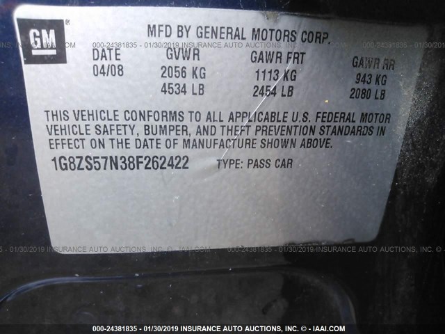 1G8ZS57N38F262422 - 2008 SATURN AURA XE BLACK photo 9