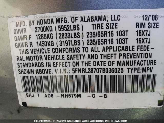 5FNRL38707B036025 - 2007 HONDA ODYSSEY EXL SILVER photo 9