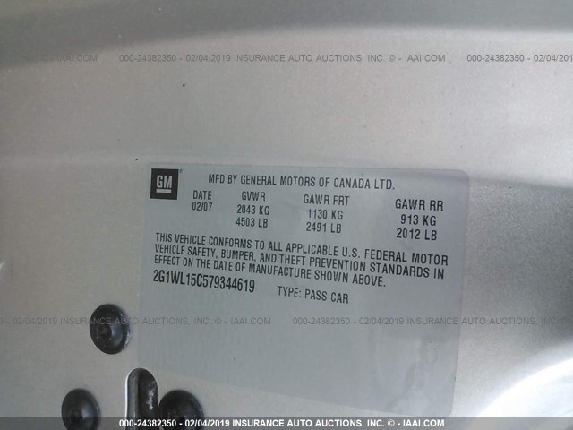 2G1WL15C579344619 - 2007 CHEVROLET MONTE CARLO SS ვერცხლისფერი ფოტო 9