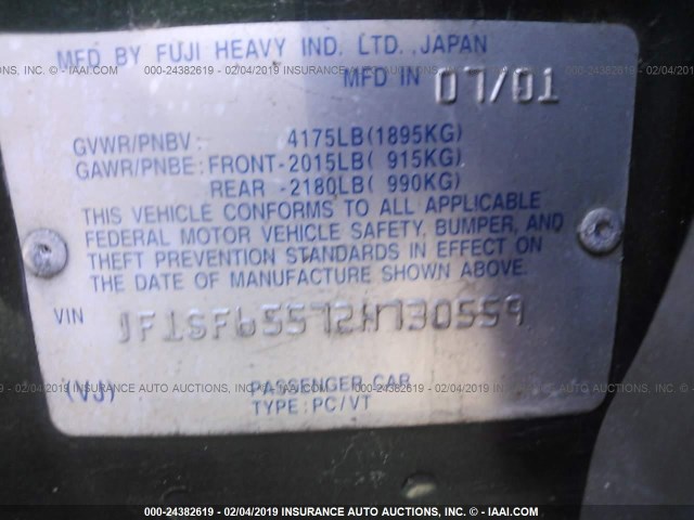 JF1SF65572H730559 - 2002 SUBARU FORESTER S GREEN photo 9