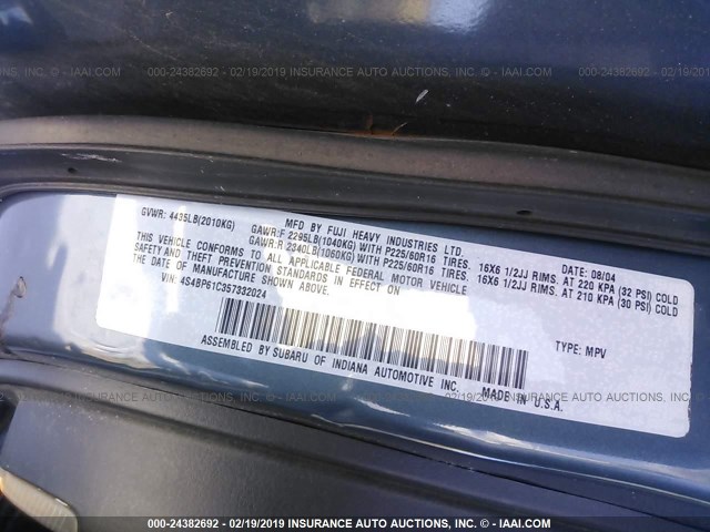 4S4BP61C357332024 - 2005 SUBARU LEGACY OUTBACK 2.5I BLUE photo 9