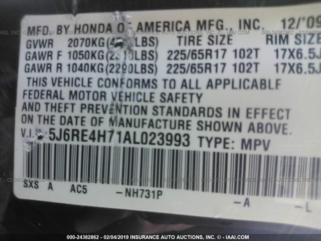 5J6RE4H71AL023993 - 2010 HONDA CR-V EXL BLACK photo 9