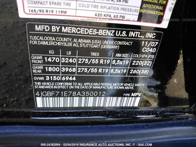 4JGBF71E78A350012 - 2008 MERCEDES-BENZ GL 450 4MATIC BLACK photo 9