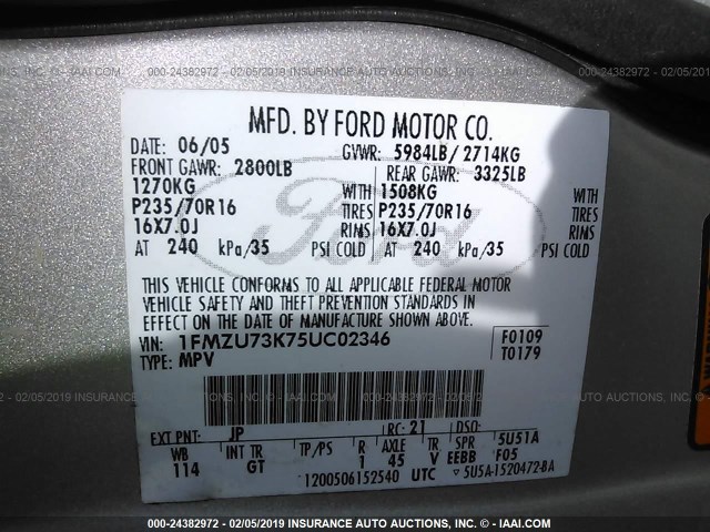 1FMZU73K75UC02346 - 2005 FORD EXPLORER XLT/XLT SPORT/NBX GRAY photo 9