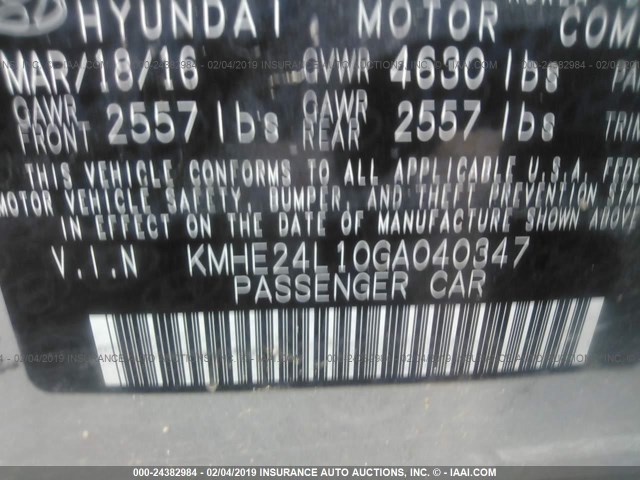 KMHE24L10GA040347 - 2016 HYUNDAI SONATA HYBRID/SE SILVER photo 9