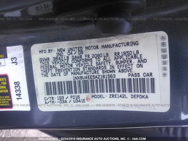 1NXBU4EE5AZ181563 - 2010 TOYOTA COROLLA S/LE/XLE GRAY photo 9