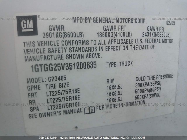 1GTGG25V351200835 - 2005 GMC SAVANA G2500 WHITE photo 9