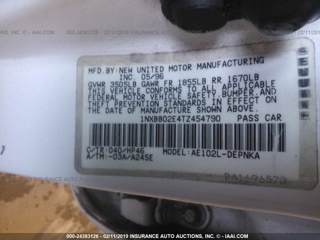 1NXBB02E4TZ454790 - 1996 TOYOTA COROLLA DX WHITE photo 9