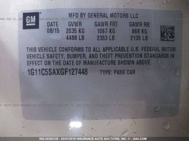 1G11C5SAXGF127448 - 2016 CHEVROLET MALIBU LIMITED LT GOLD photo 9