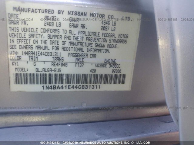 1N4BA41E44C831311 - 2004 NISSAN MAXIMA SE/SL SILVER photo 9