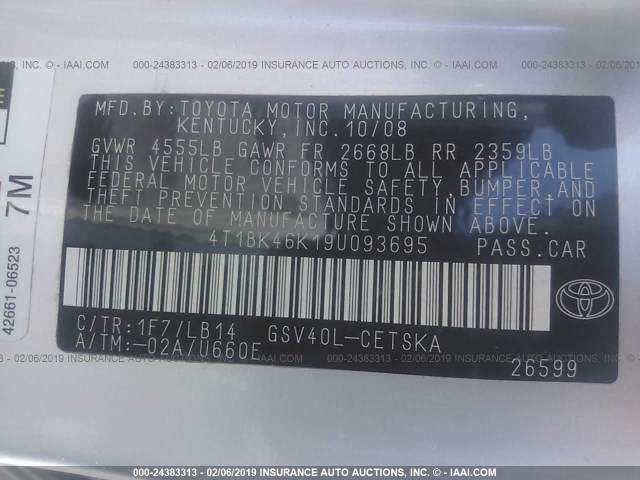 4T1BK46K19U093695 - 2009 TOYOTA CAMRY SE/LE/XLE SILVER photo 9