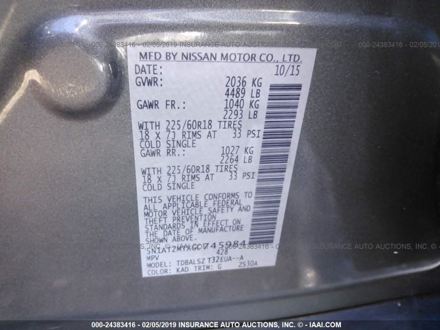 5N1AT2MTXGC745984 - 2016 NISSAN ROGUE S/SL/SV GRAY photo 9