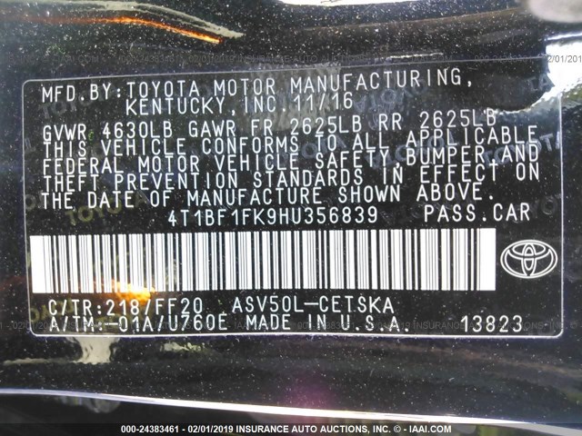 4T1BF1FK9HU356839 - 2017 TOYOTA CAMRY LE/XLE/SE/XSE BLACK photo 9
