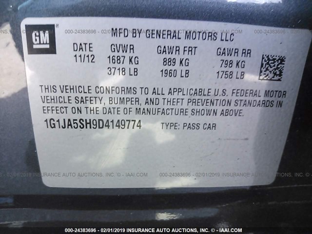 1G1JA5SH9D4149774 - 2013 CHEVROLET SONIC LS 灰色 照片 9