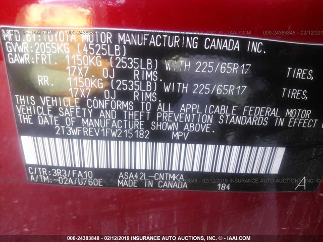 2T3WFREV1FW215182 - 2015 TOYOTA RAV4 XLE წითელი ფოტო 9