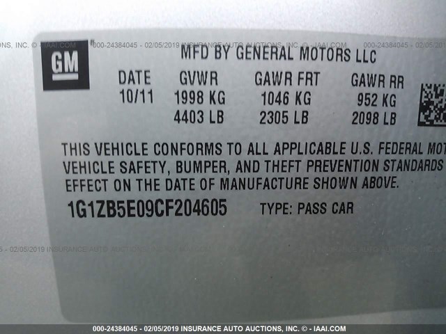 1G1ZB5E09CF204605 - 2012 CHEVROLET MALIBU LS 银色 照片 9