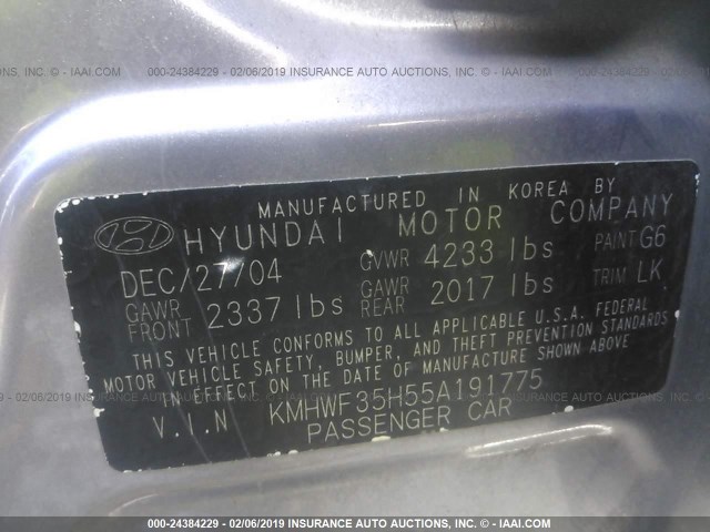 KMHWF35H55A191775 - 2005 HYUNDAI SONATA GLS/LX ნაცრისფერი ფოტო 9