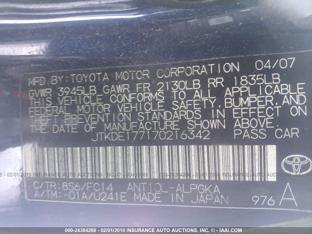 JTKDE177170216342 - 2007 TOYOTA SCION TC ლურჯი ფოტო 9