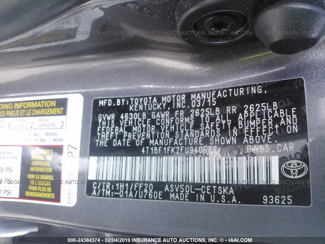 4T1BF1FK2FU940576 - 2015 TOYOTA CAMRY LE/XLE/SE/XSE 灰色 照片 9