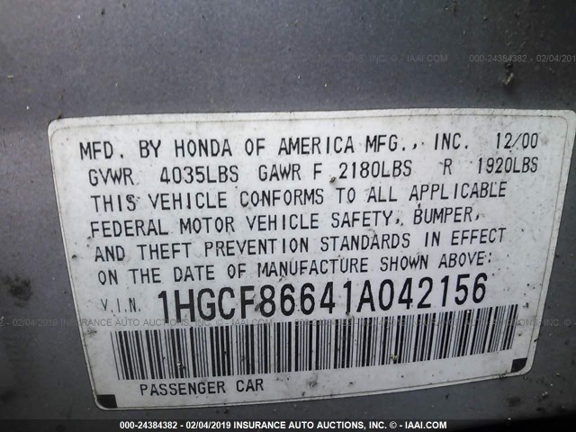 1HGCF86641A042156 - 2001 HONDA ACCORD VALUE SILVER photo 9