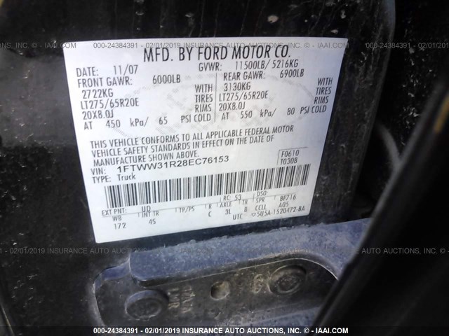 1FTWW31R28EC76153 - 2008 FORD F350 SRW SUPER DUTY BLACK photo 9