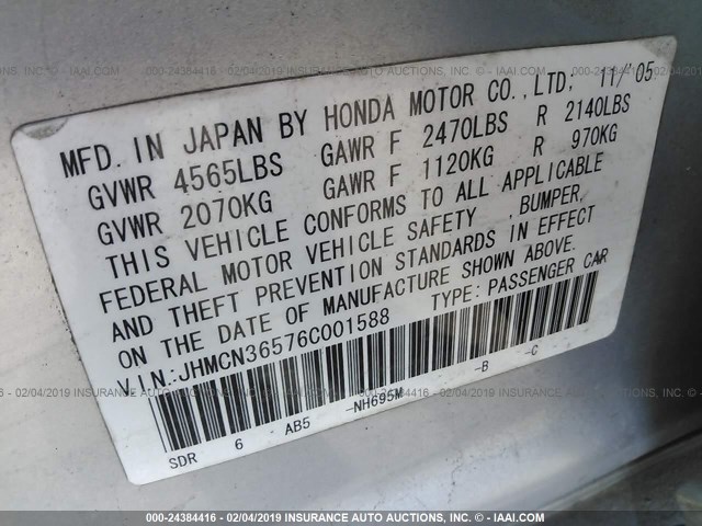 JHMCN36576C001588 - 2006 HONDA ACCORD HYBRID BLUE photo 9