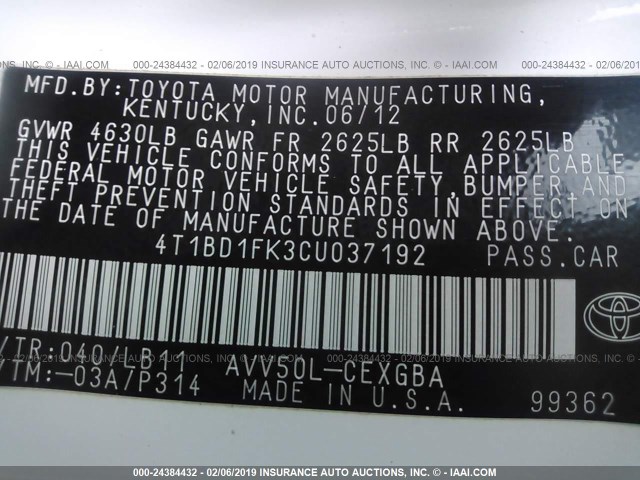 4T1BD1FK3CU037192 - 2012 TOYOTA CAMRY HYBRID/LE/XLE 白色 照片 9