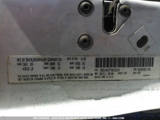 1B3ES46C7YD612310 - 2000 DODGE NEON ES WHITE photo 9