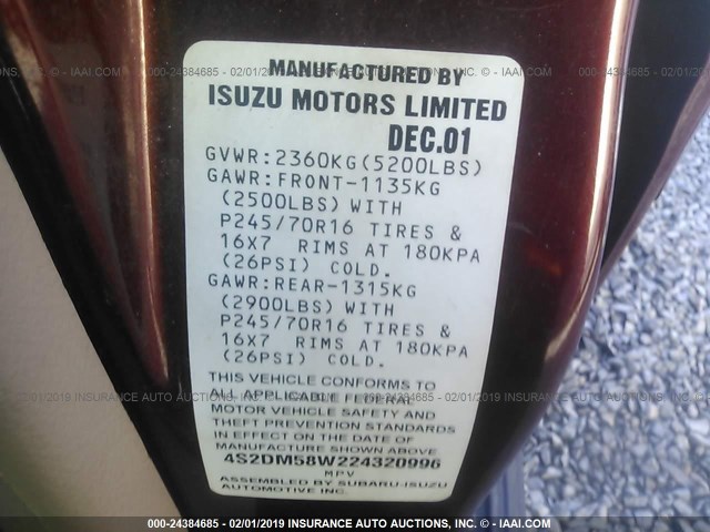 4S2DM58W224320996 - 2002 ISUZU RODEO S/LS/LSE MAROON photo 9