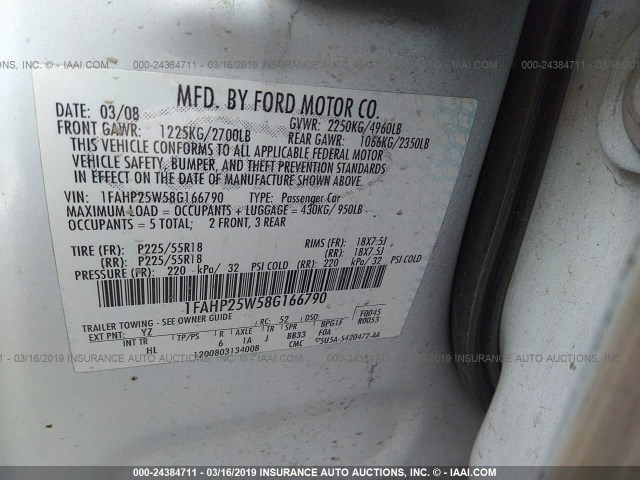 1FAHP25W58G166790 - 2008 FORD TAURUS LIMITED WHITE photo 9