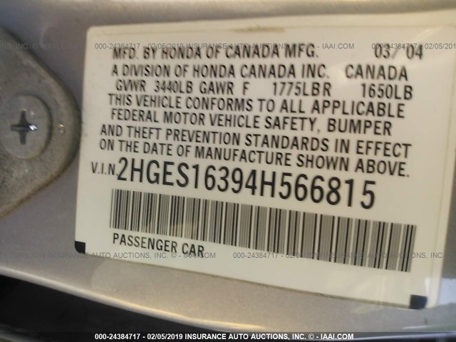 2HGES16394H566815 - 2004 HONDA CIVIC DX VP ვერცხლისფერი ფოტო 9